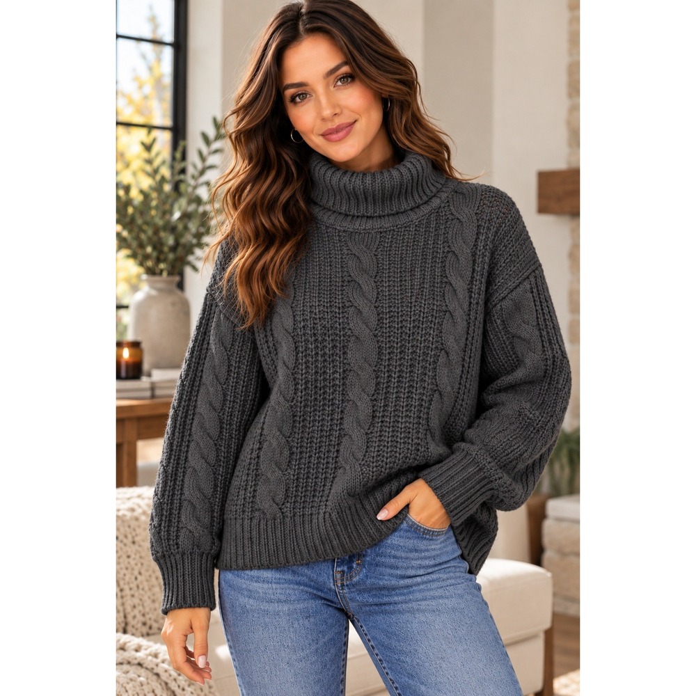 CAARA Cable Knit Turtleneck Sweater Womens L Black 100% Wool NWT Chunky